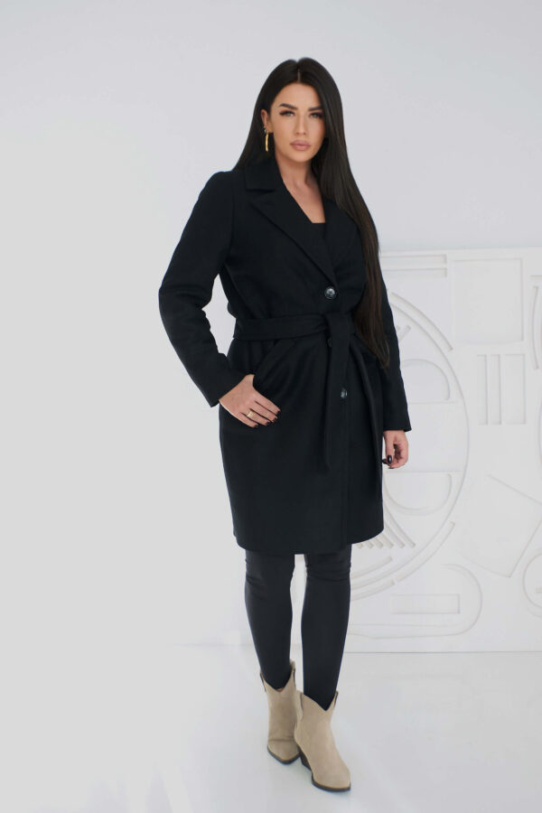 Czarny płaszcz jesienno - zimowy z wełną DARIA - klasyczny, elegancki - obrazek 2
